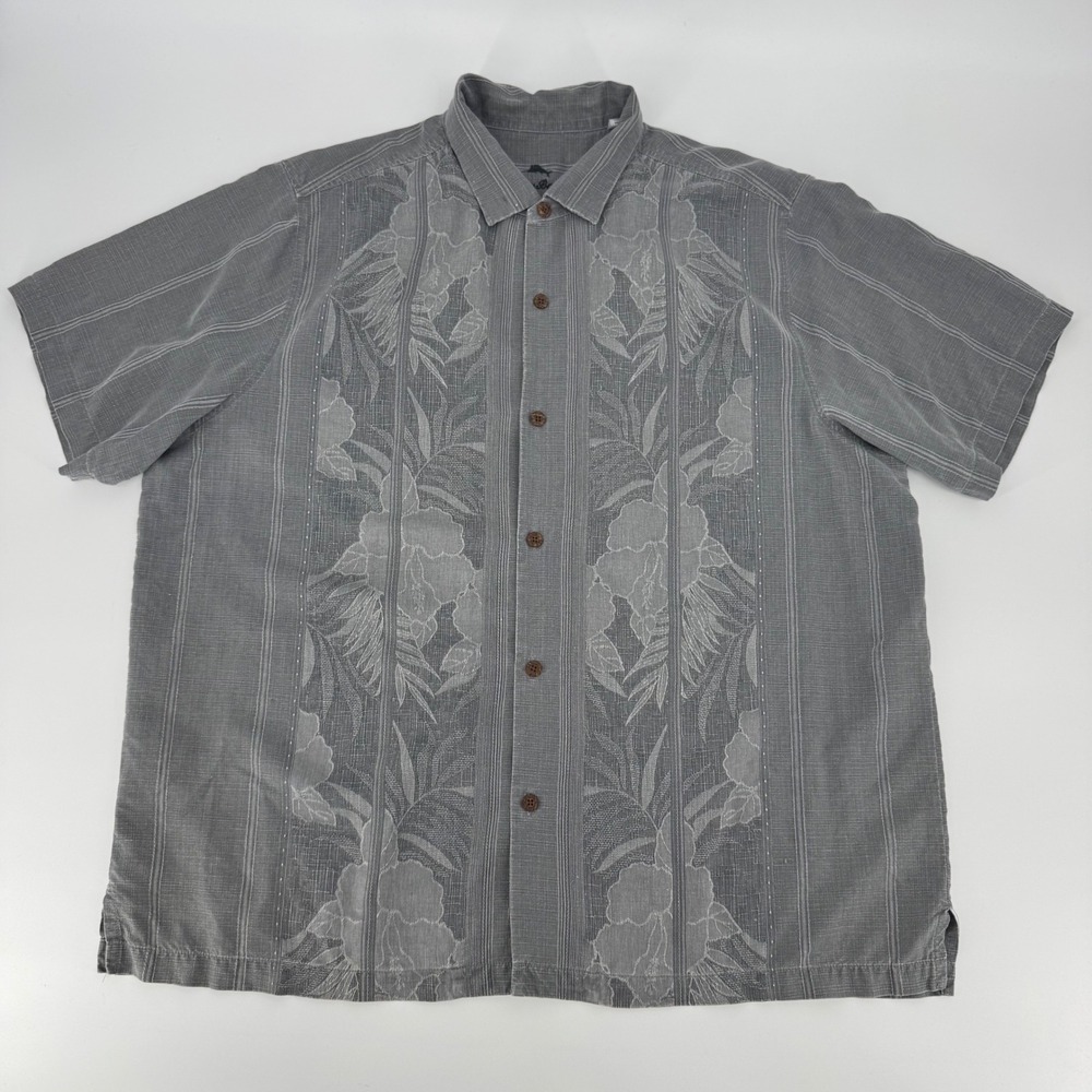 Tommy Bahama Mens XXL Silk Grey Floral Jacquard Striped Short Sleeve Camp Shirt - Picture 2 of 8